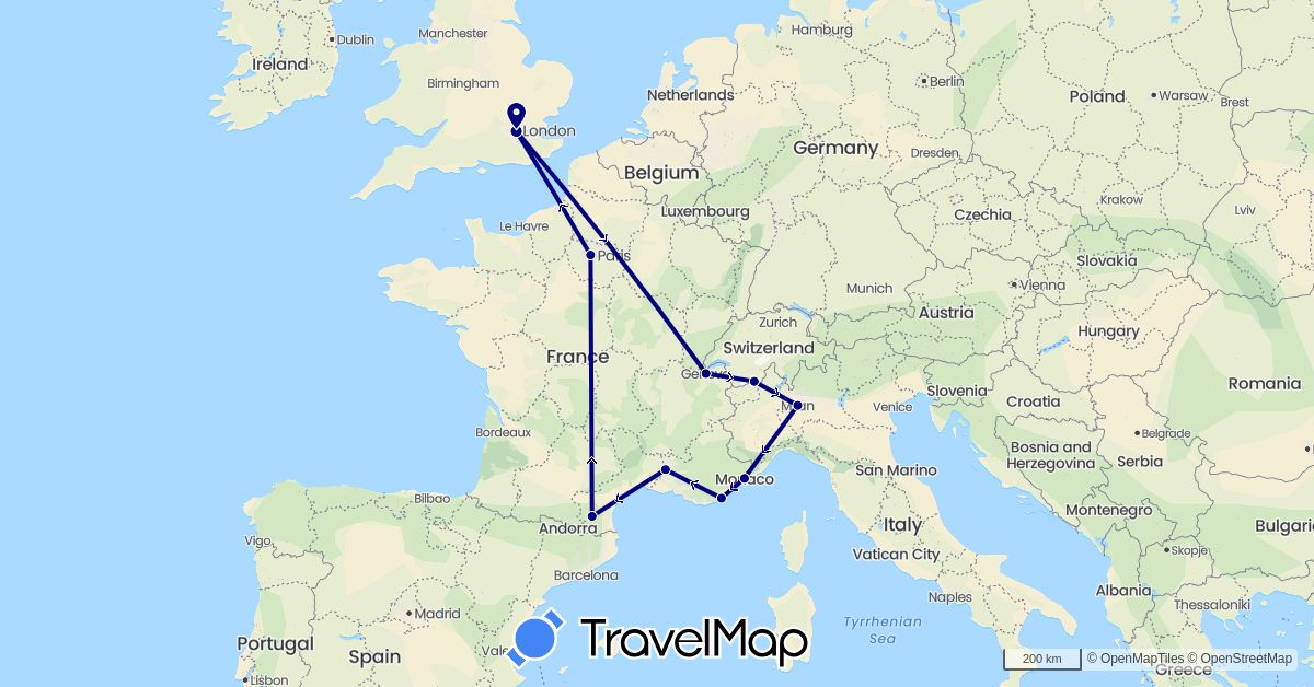 TravelMap itinerary: driving in Switzerland, France, United Kingdom, Italy, Monaco (Europe)